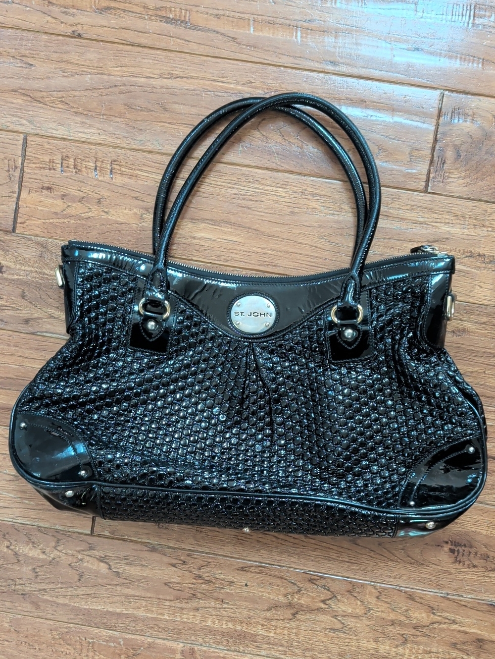 St. John Y2K Pleated Puffed Black Patent Leather Satchel Bag